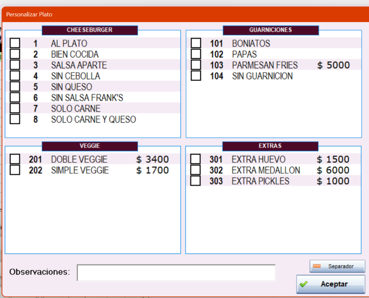 Pantalla para personalizar un plato